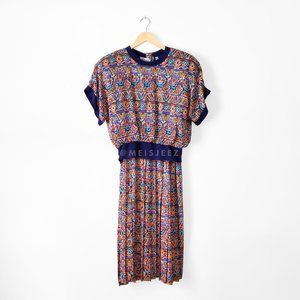 Vintage 80's Adrianna Papell Colorful Silk Midi Dress, Size 12